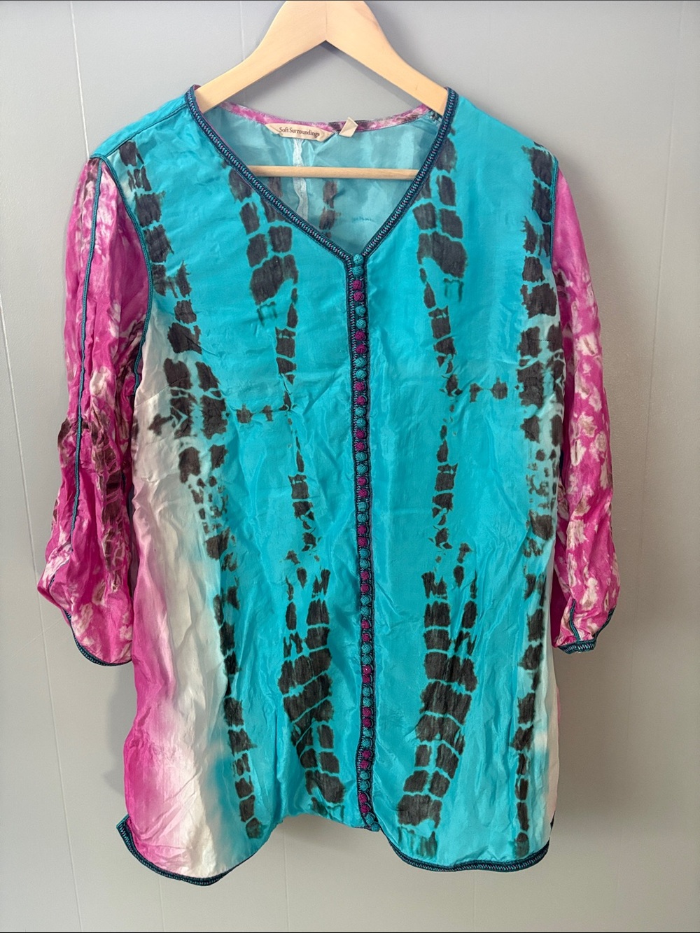 Soft Surroundings Silk Turquoise & Pink Tie-Dye V-Neck Tunic